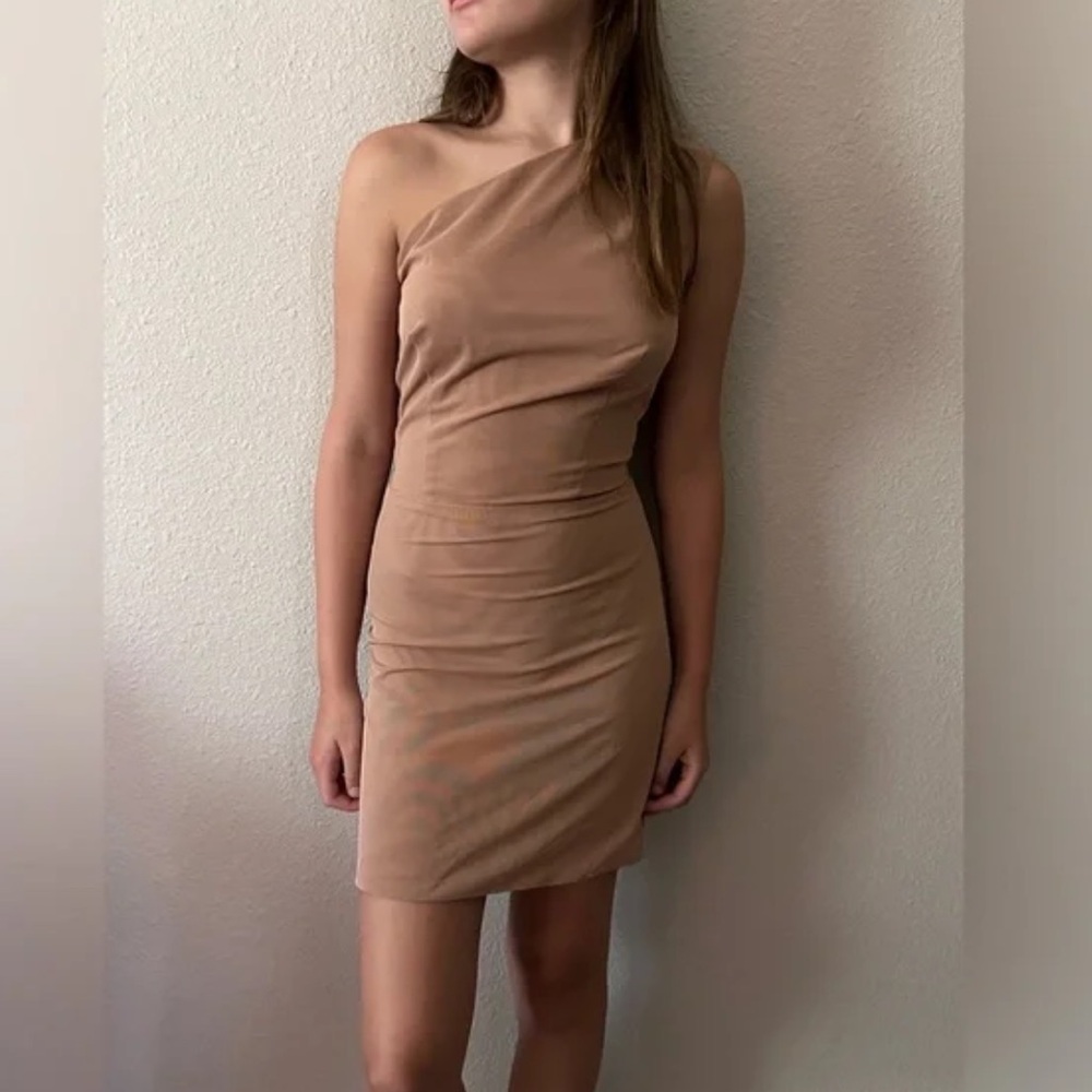 Bronx and Banco One-Shoulder Mini Dress in Nude Tan